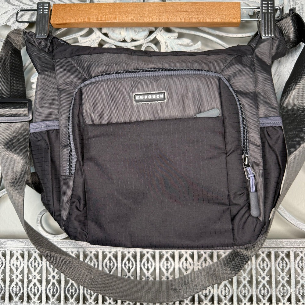 NuPouch Crossbody Bag Black Gray Ripstop Nylon Multi Pocket Travel Messenger EUC